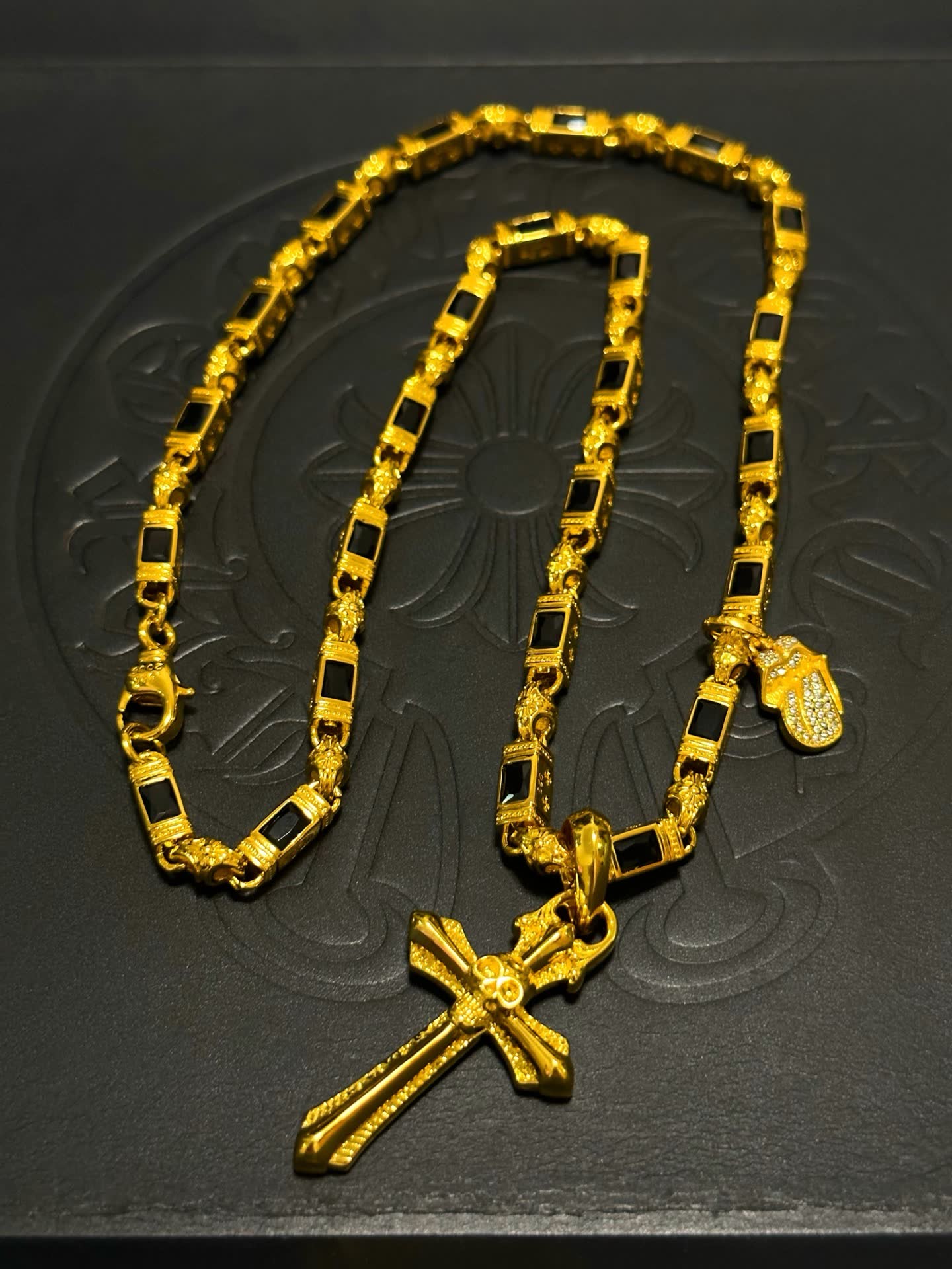 Chrome Hearts Gold Cross Pendant Necklace with Black Stones